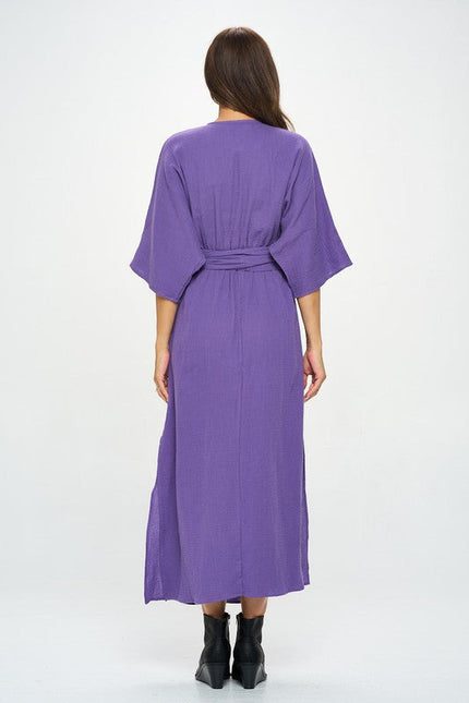 Solid Kimono Style Maxi Dress with Tie-4