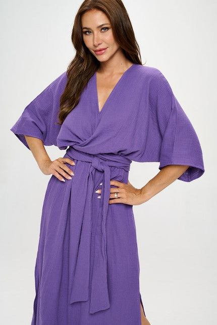 Solid Kimono Style Maxi Dress with Tie-0