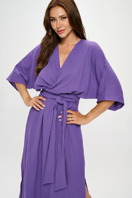 Solid Kimono Style Maxi Dress with Tie-0