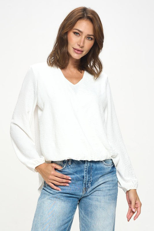 Solid Long Sleeve Surplice Top-1