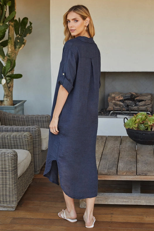 Solid Midi-Length Linen Dress NAVY BLUE