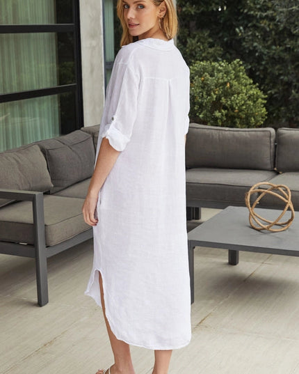 Solid Midi-Length Linen Dress WHITE