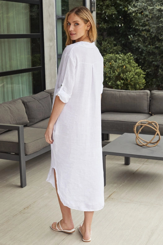 Solid Midi-Length Linen Dress WHITE