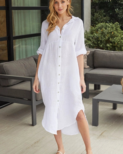 Solid Midi-Length Linen Dress WHITE