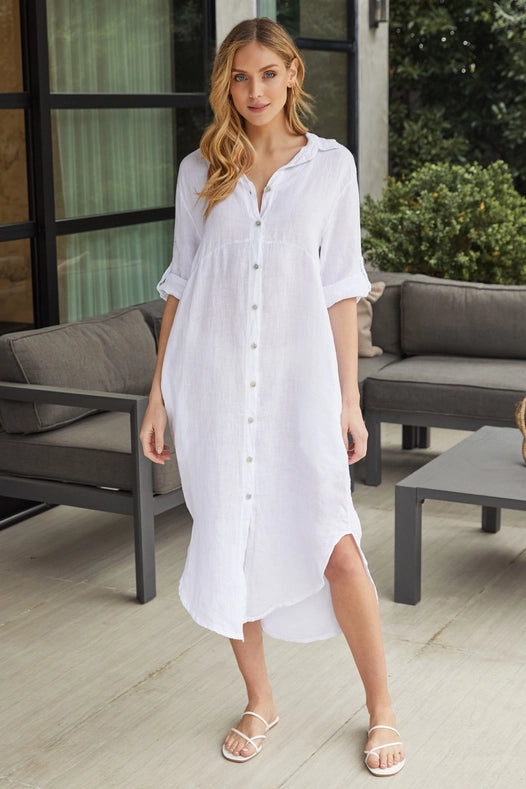 Solid Midi-Length Linen Dress WHITE