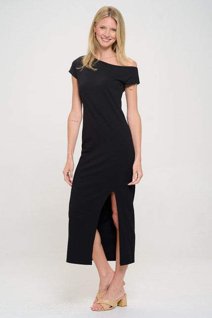 Solid Off the Shoulder Maxi Dress with Slit-3