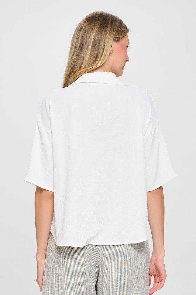 Solid Relaxed Oversize Fit V neck Top with Collar-3