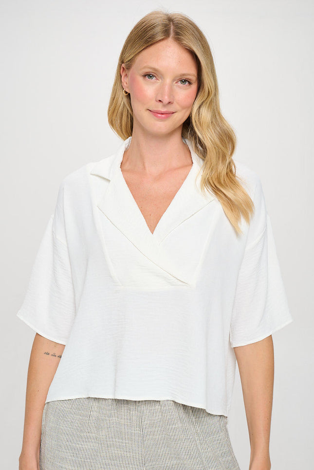 Solid Relaxed Oversize Fit V neck Top with Collar-0