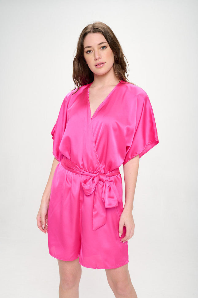 Solid Satin Kimono Romper with Tie-0