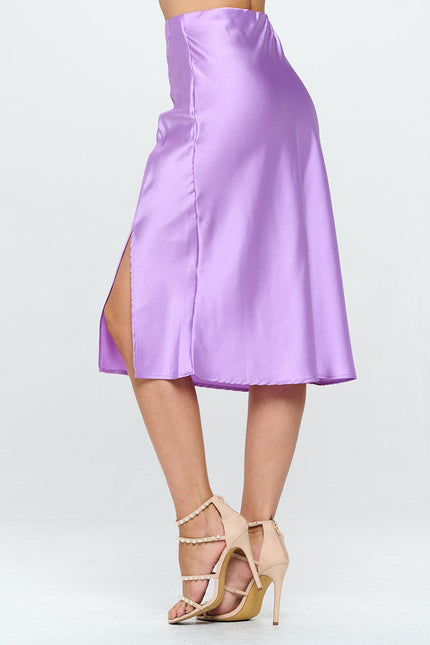 Solid Satin Midi Skirt with Slit-2