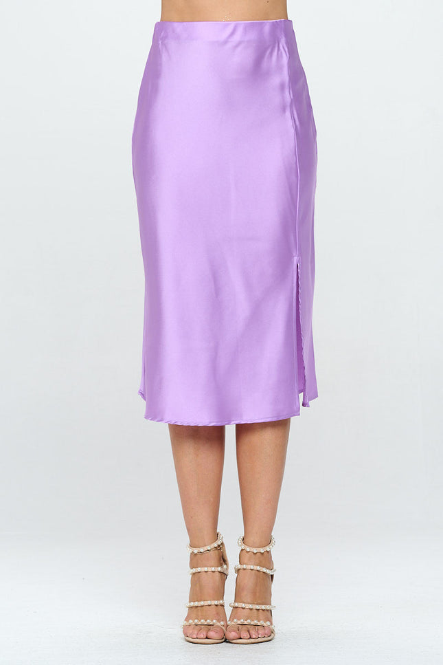 Solid Satin Midi Skirt with Slit-0