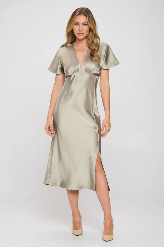 Solid Satin V Neck Midi Dress with Slit