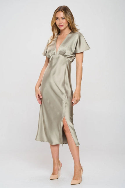 Solid Satin V Neck Midi Dress with Slit