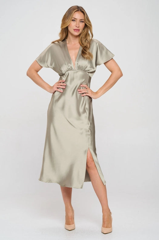 Solid Satin V Neck Midi Dress with Slit