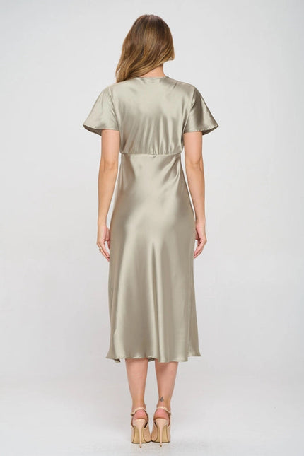 Solid Satin V Neck Midi Dress with Slit