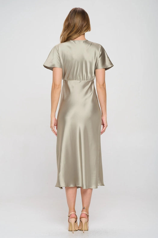 Solid Satin V Neck Midi Dress with Slit