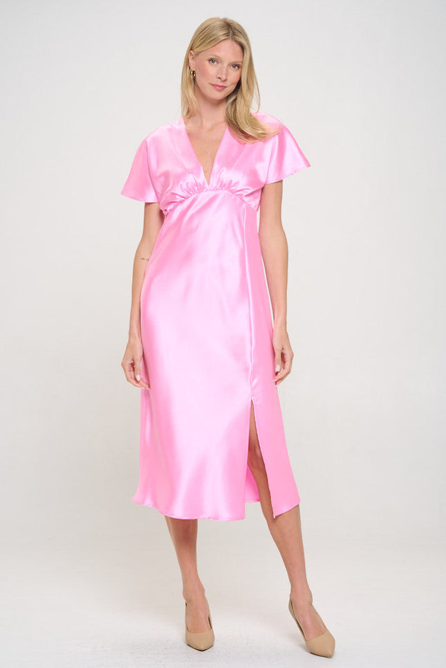 Solid Satin V neck Midi Dress with Slit-1