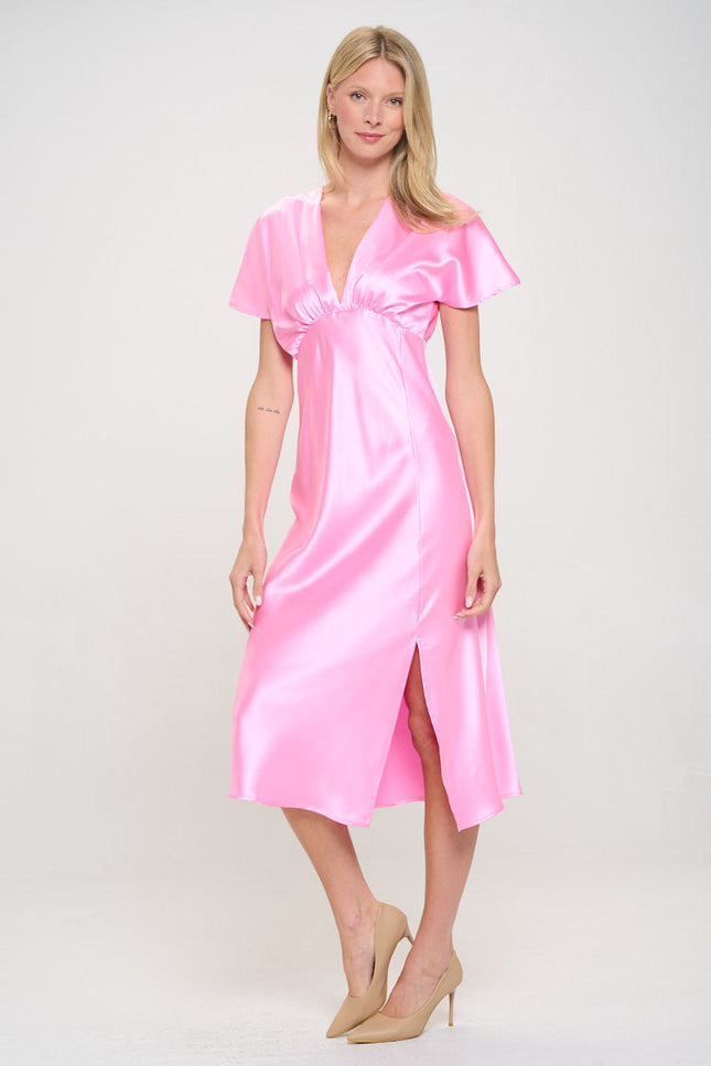 Solid Satin V neck Midi Dress with Slit-3