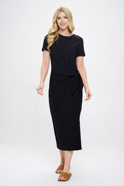 Solid Short Sleeve Bodycon Midi Dress with Front Tie and Slit-2