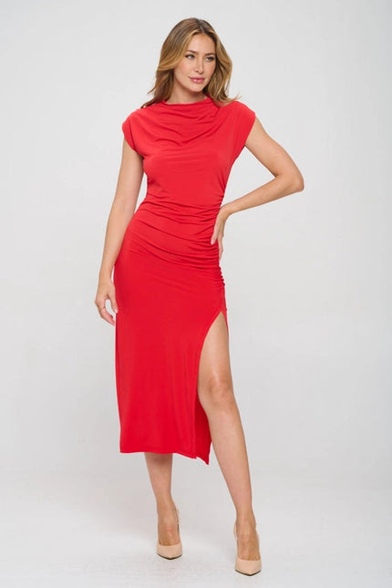 Solid Short Sleeve Ruched Dress with Slit