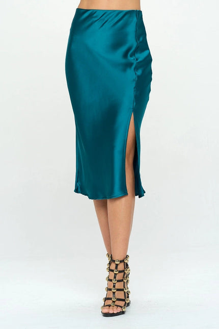 Solid Stretch Satin Midi Skirt  HUNTER GREEN