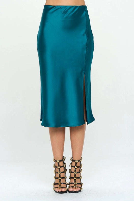 Solid Stretch Satin Midi Skirt  HUNTER GREEN