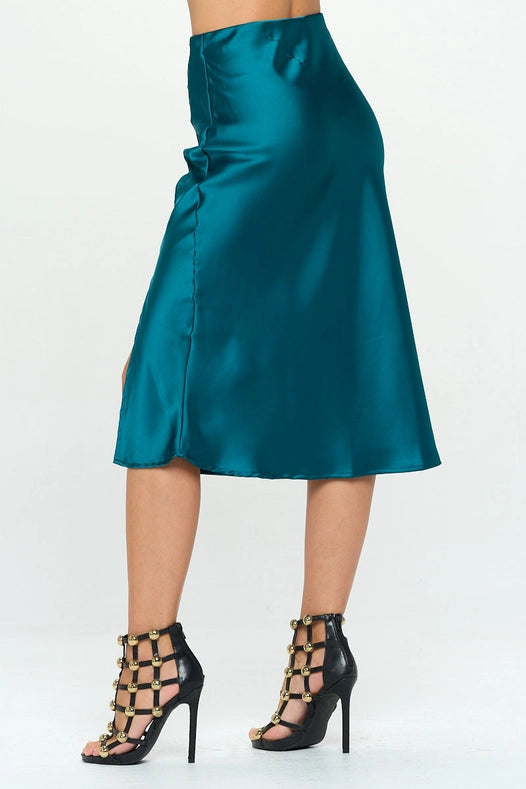 Solid Stretch Satin Midi Skirt  HUNTER GREEN