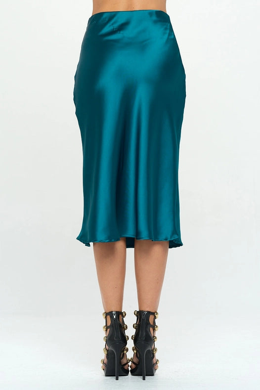 Solid Stretch Satin Midi Skirt  HUNTER GREEN
