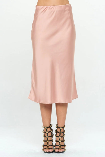 Solid Stretch Satin Midi Skirt  Rose