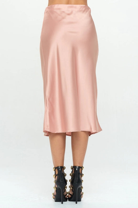 Solid Stretch Satin Midi Skirt  Rose