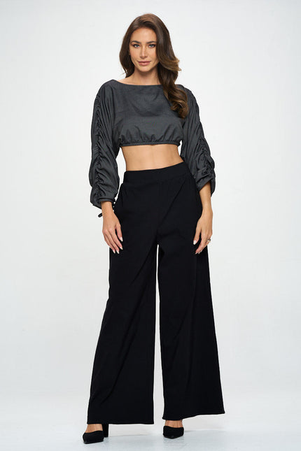 Solid Tencel Crop Top with Adjustable Sleeve and Tie-2