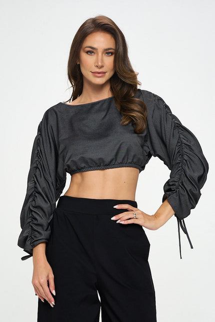 Solid Tencel Crop Top with Adjustable Sleeve and Tie-0