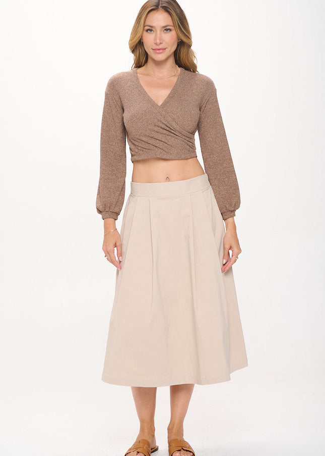 Solid V neck Surplice Crop Top with Long Sleeve-4