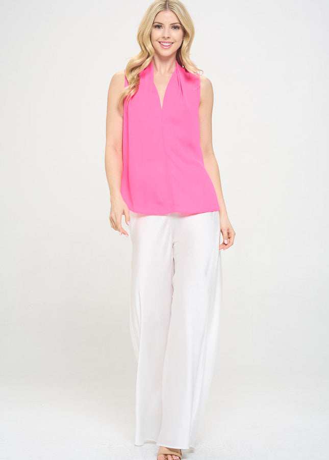 Solid V neck Top with Drape Neckline-4