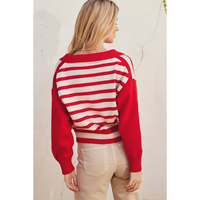 Solid and Striped Collared Sweater MALIBU RED