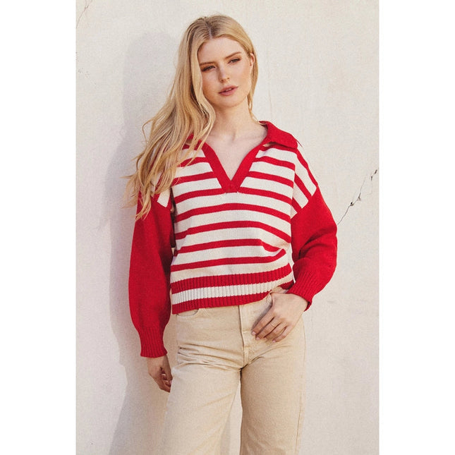 Solid and Striped Collared Sweater MALIBU RED