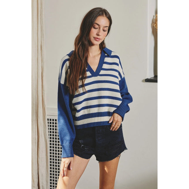 Solid and Striped Collared Sweater MOONLIGHT OCEAN