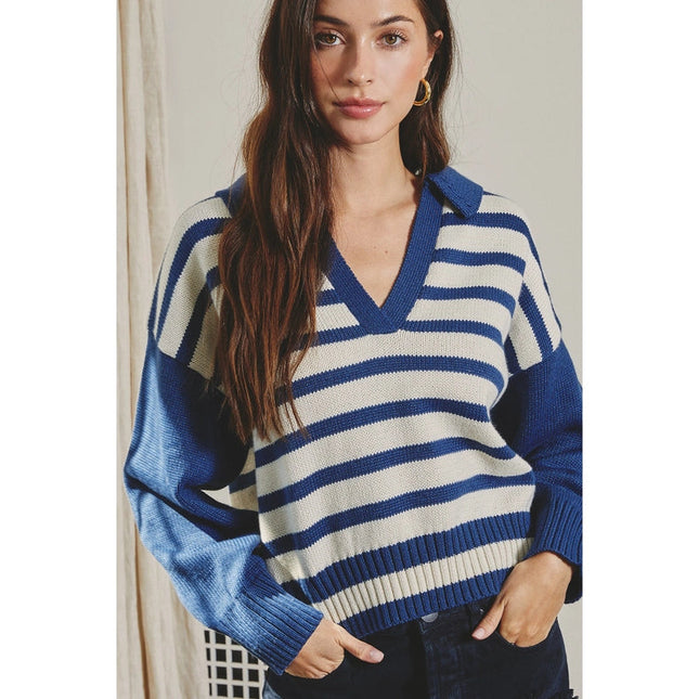 Solid and Striped Collared Sweater MOONLIGHT OCEAN