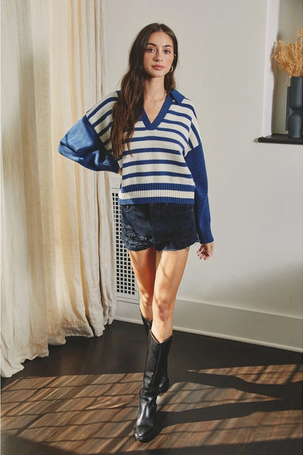 Solid and Striped Collared Sweater MOONLIGHT OCEAN