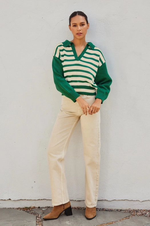 Solid and Striped Collared Sweater POLO GREEN