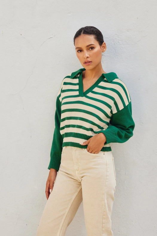 Solid and Striped Collared Sweater POLO GREEN