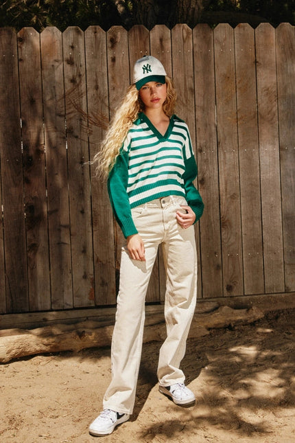 Solid and Striped Collared Sweater POLO GREEN