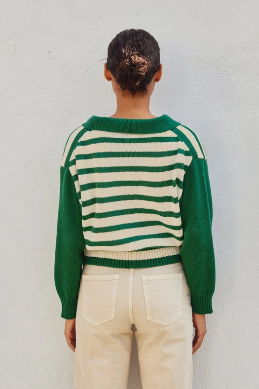 Solid and Striped Collared Sweater POLO GREEN