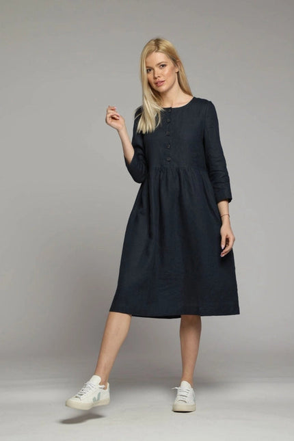 Sorrento Loose Linen Dress with Sleeves and High Waist