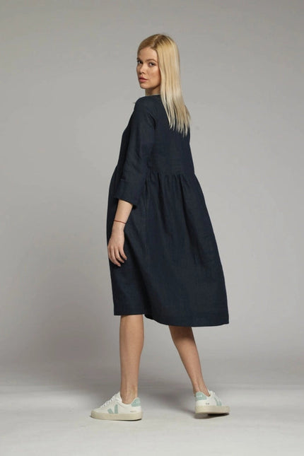 Sorrento Loose Linen Dress with Sleeves and High Waist