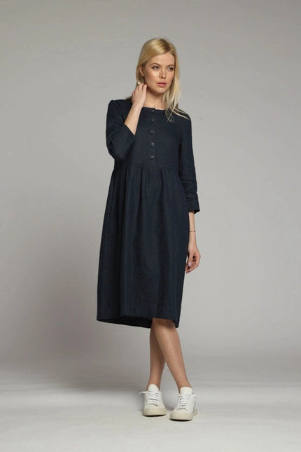 Sorrento Loose Linen Dress with Sleeves and High Waist