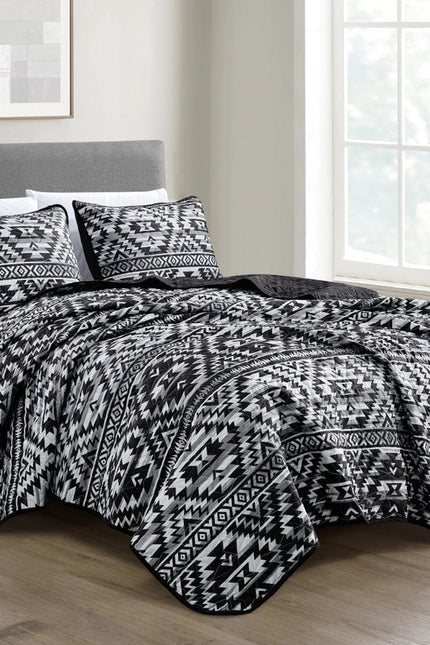 Southwestern Black Aztec Bedspread - 3 Piece Set