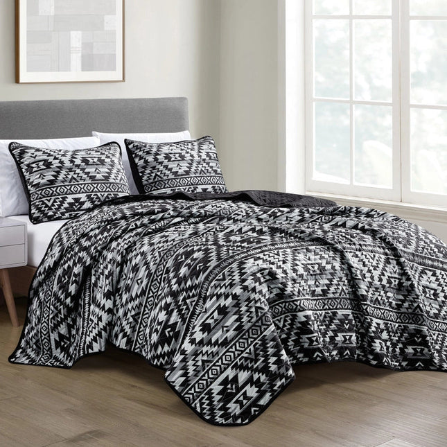 Southwestern Black Aztec Bedspread - 3 Piece Set