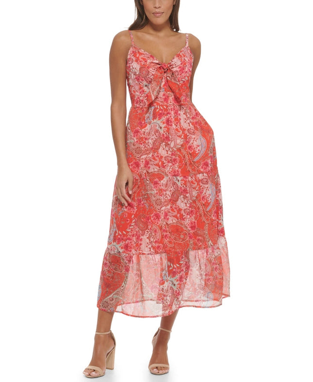 Spaghetti Strap Paisley Printed Maxi-Dress-Kensie Dresses-0-TANGERINE MULTI-Urbanheer