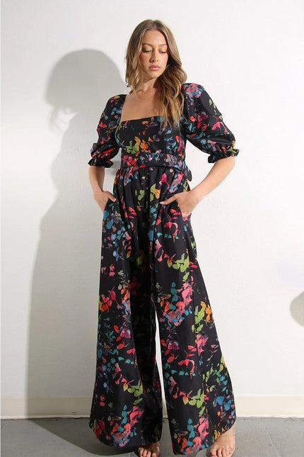 Square Neck Jumpsuit BLACK MULTI-Clothing Jumpsuits-Mulla-Urbanheer